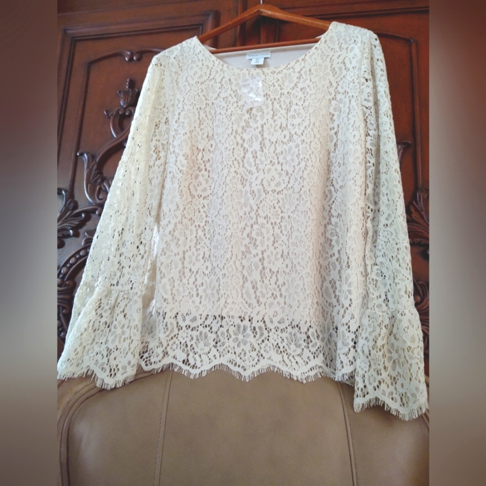Adrienne Vittadini Antique-CreaM Blouse + Eyelash-Trim~ Size: L